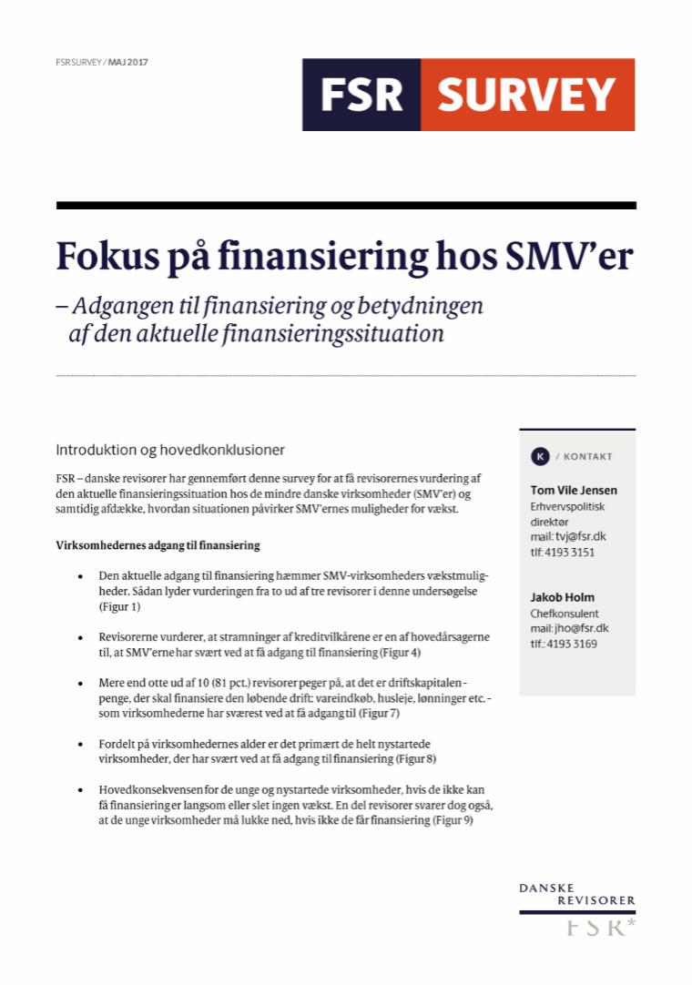 Forsidefoto af surveyen Fokus på finansiering fra SMV'er fra maj 2017